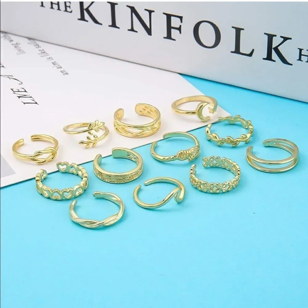Yellow Gold Adjustable Open Toe Rings - Set of 12 - Picture 3 of 7